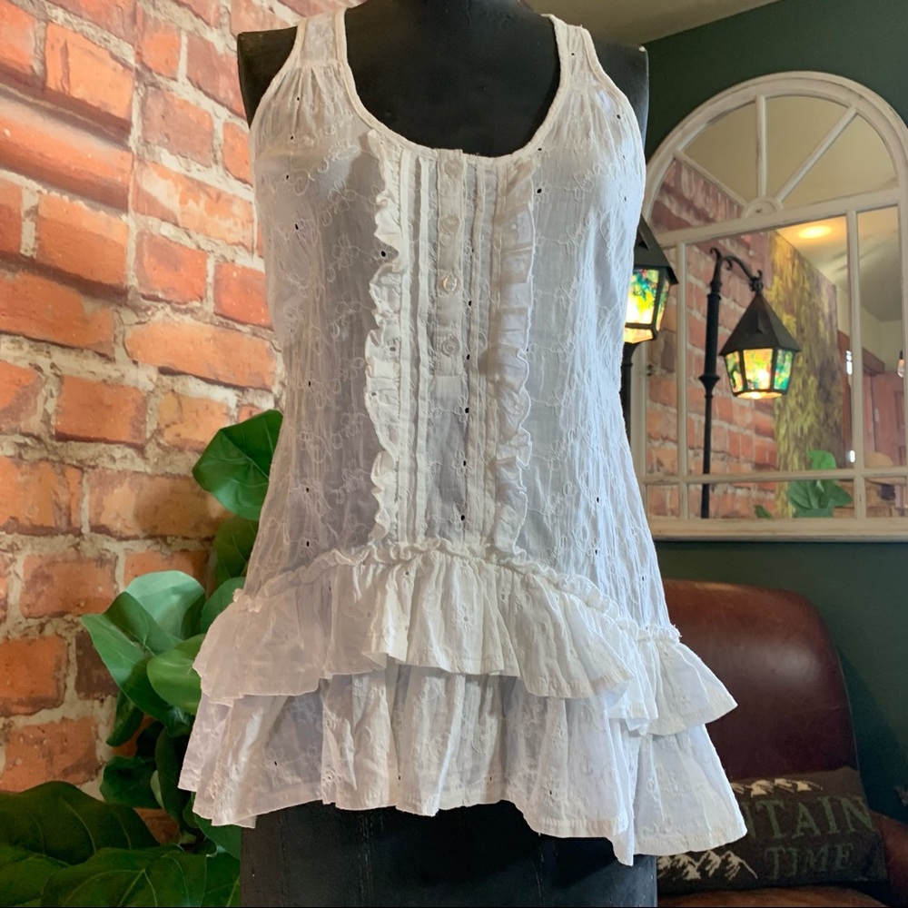 White Lace Eyelet Top Sleeveless Ties Ruffles Feminine Boho M Medium Cami